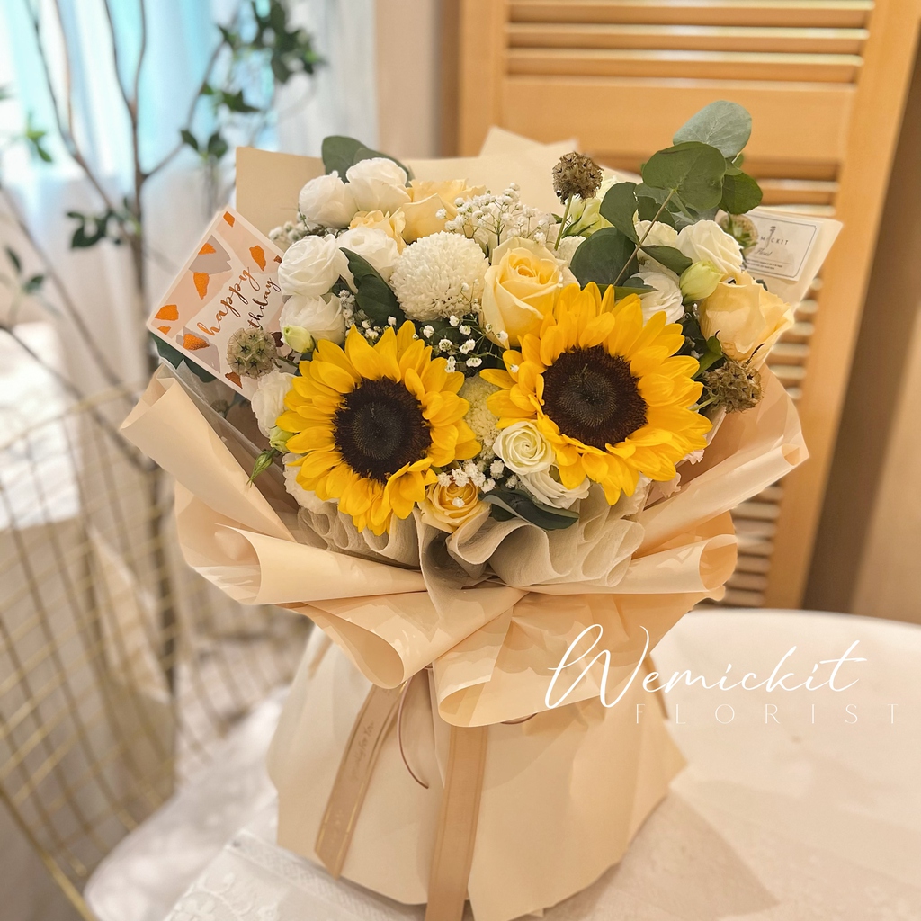 韓式溫柔系 乒乓菊x向日葵x玫瑰鮮花花束 Wm1022 Wemickit